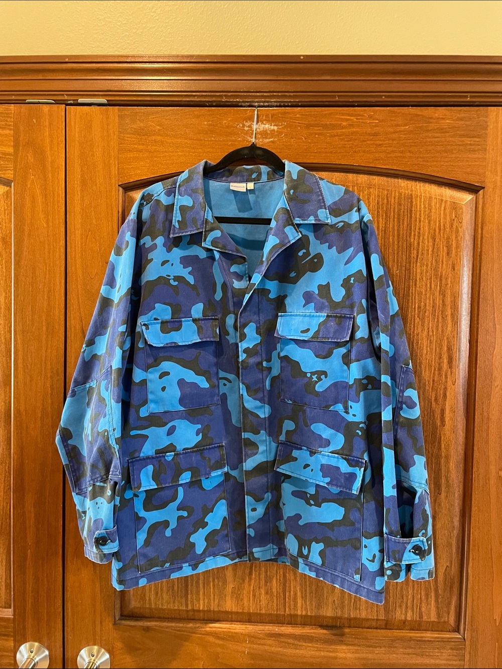 Vintage Blue Camo Brushpopper Canvas Ripstop Utility Field Shirt Jacket Size L